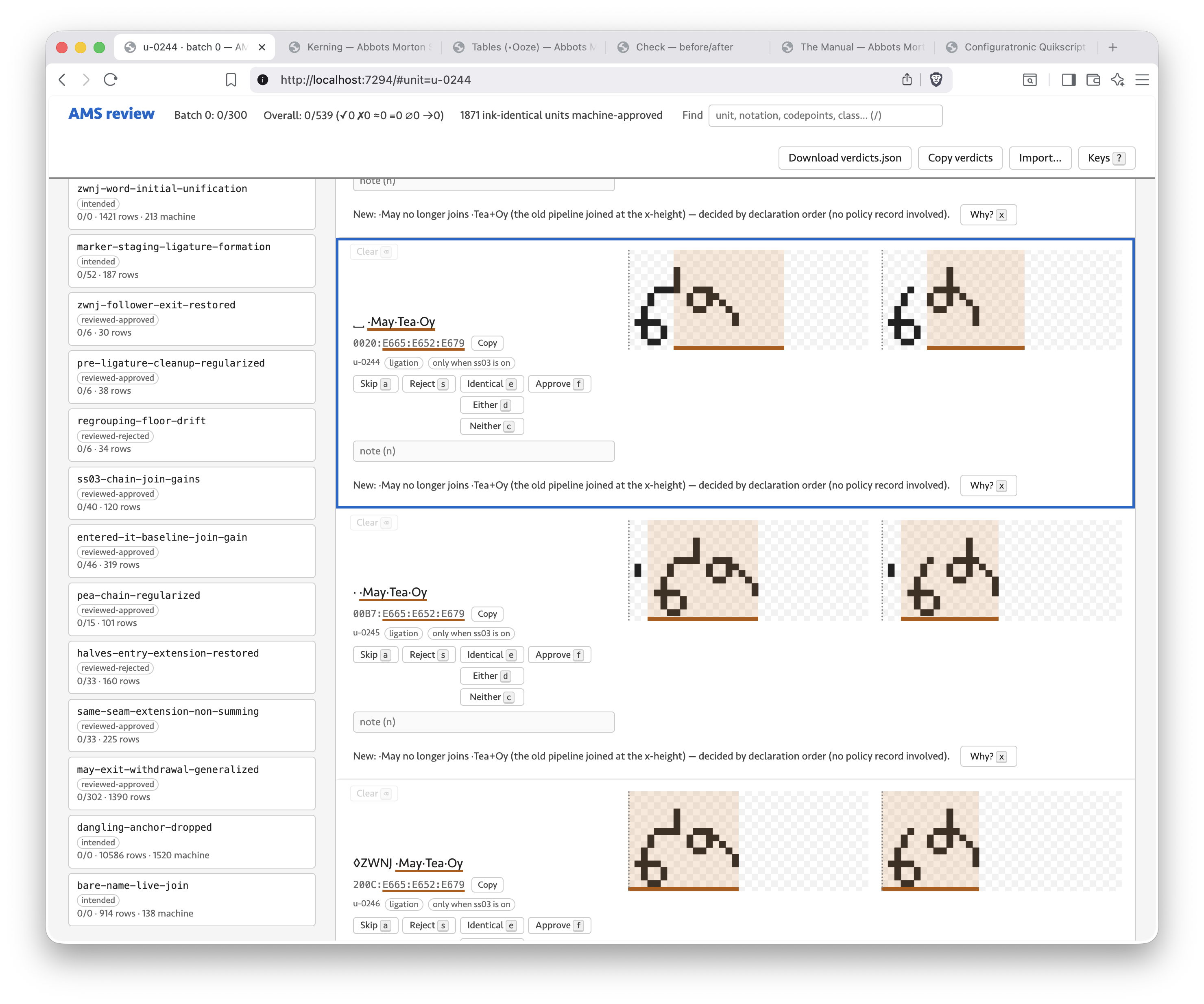 A screenshot of the Brave browser, showing the review web app for the rewrite of Abbots Morton Spaceport Senior. The currently highlighted change awaiting a verdict is one where the old font had the ·Tea letter attached to a previous ·May, and the new font has the ·Tea attached to the following ·Oy.