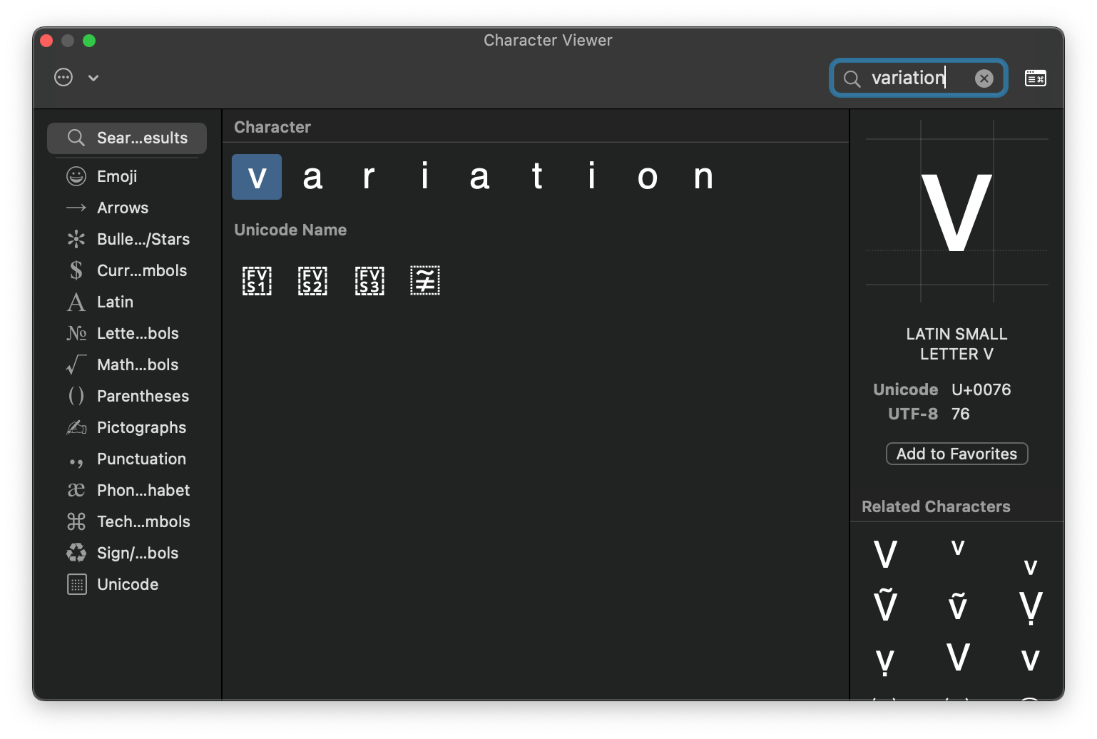 What you see when you type “variation” in the character-picker search box