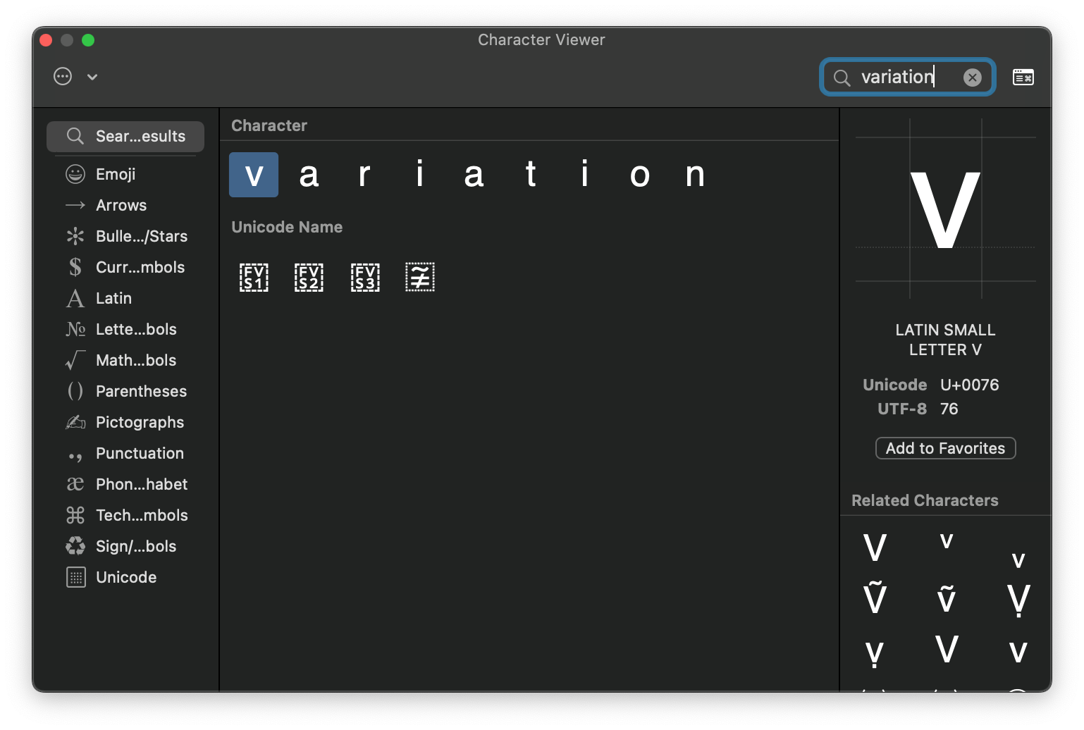 “‘Jehovah’ begins with a J…” What you see when you type “variation” in the character-picker search box