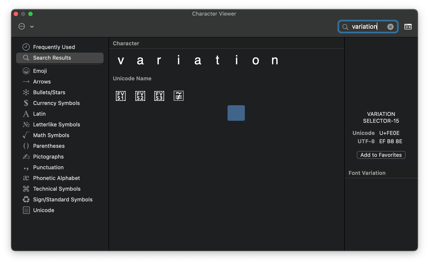 What you see when you type “variation” in the character-picker search box and then successfully click on the space for VARIATION SELECTOR-15